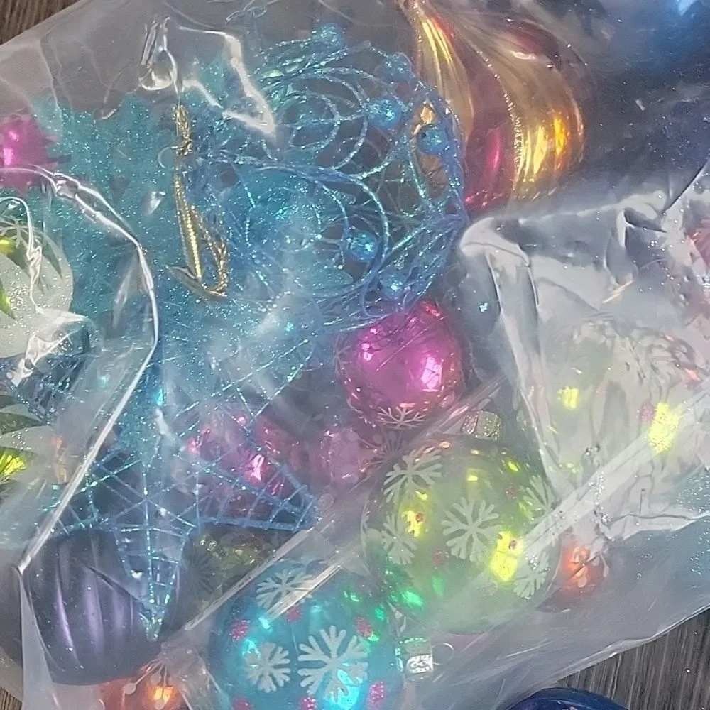 Over 30 Christmas tree ornaments blue and pink glitter